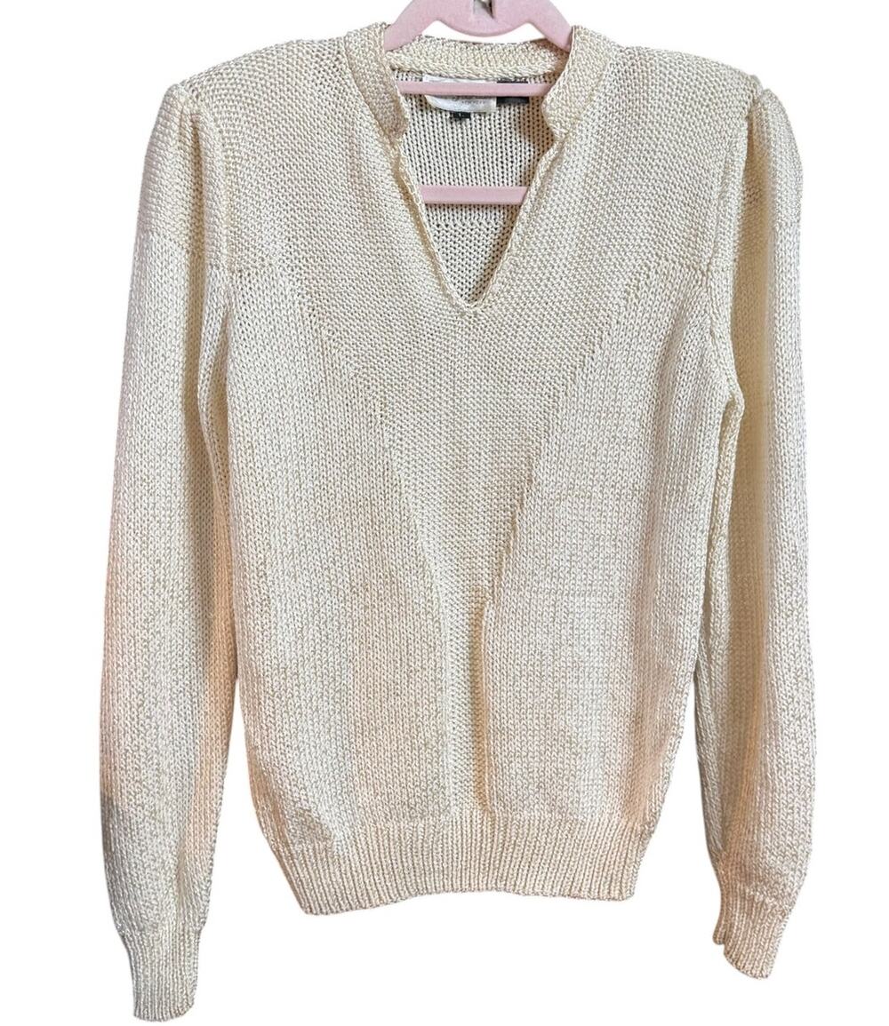 Vintage Pierre Jourdan Sweater L Ivory Rayon Acrylic Open Knit V Neck Pullover